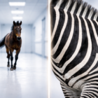 The image is split vertically by a thin, sharp, glowing minimalist line (representing Occam's Razor). On the left side, a motion-blurred image of a horse's legs galloping across a clean, white clinical floor, symbolizing the 'common' diagnosis. On the right side, a hyper-detailed, sharp close-up of zebra stripes, symbolizing the 'complex' or missed diagnosis.