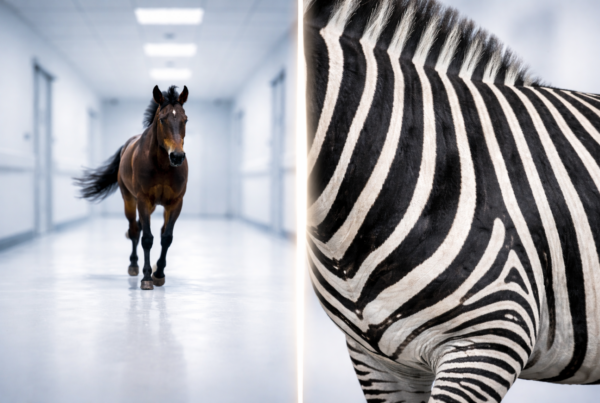 The image is split vertically by a thin, sharp, glowing minimalist line (representing Occam's Razor). On the left side, a motion-blurred image of a horse's legs galloping across a clean, white clinical floor, symbolizing the 'common' diagnosis. On the right side, a hyper-detailed, sharp close-up of zebra stripes, symbolizing the 'complex' or missed diagnosis.
