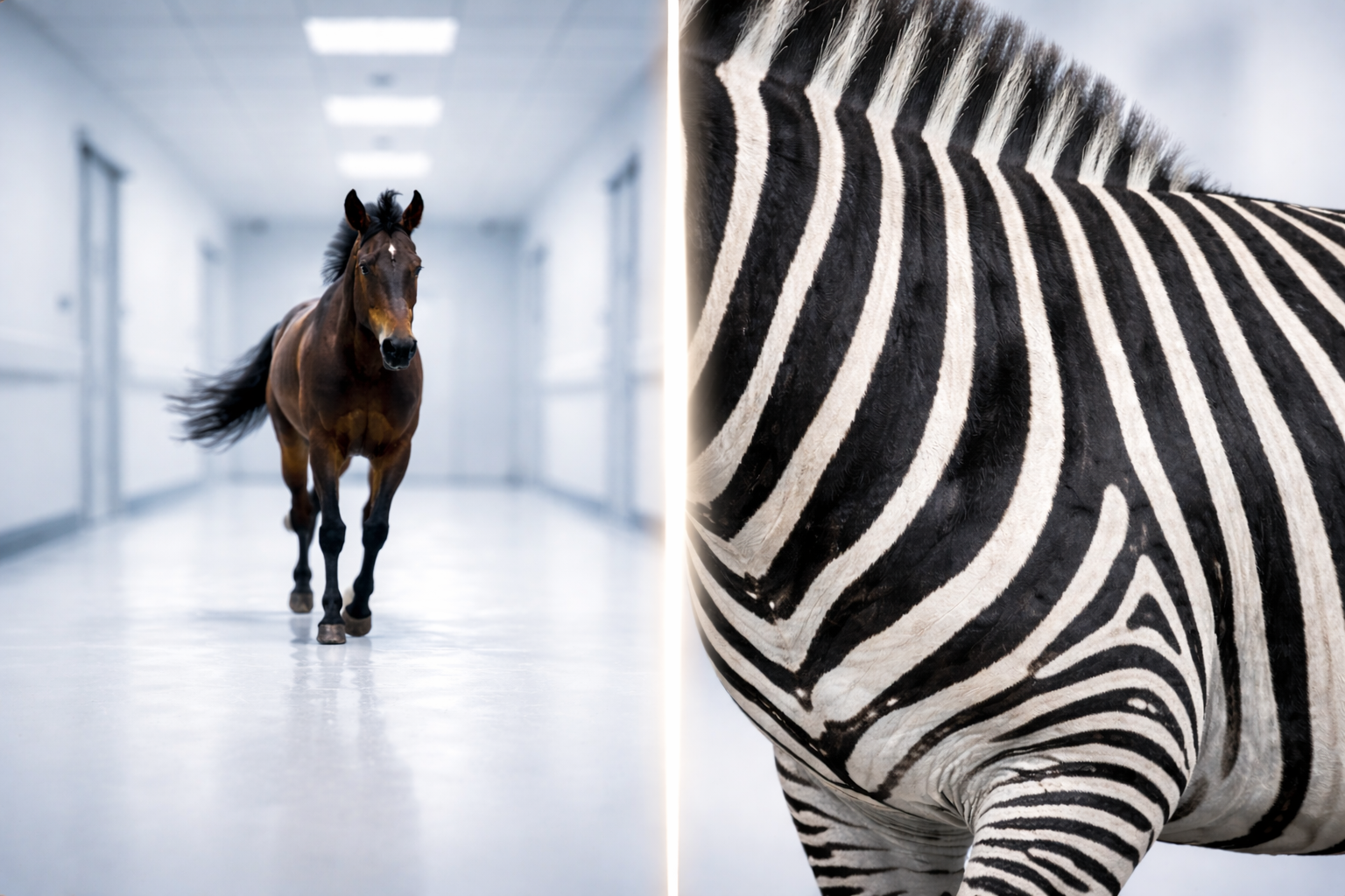 The image is split vertically by a thin, sharp, glowing minimalist line (representing Occam's Razor). On the left side, a motion-blurred image of a horse's legs galloping across a clean, white clinical floor, symbolizing the 'common' diagnosis. On the right side, a hyper-detailed, sharp close-up of zebra stripes, symbolizing the 'complex' or missed diagnosis.